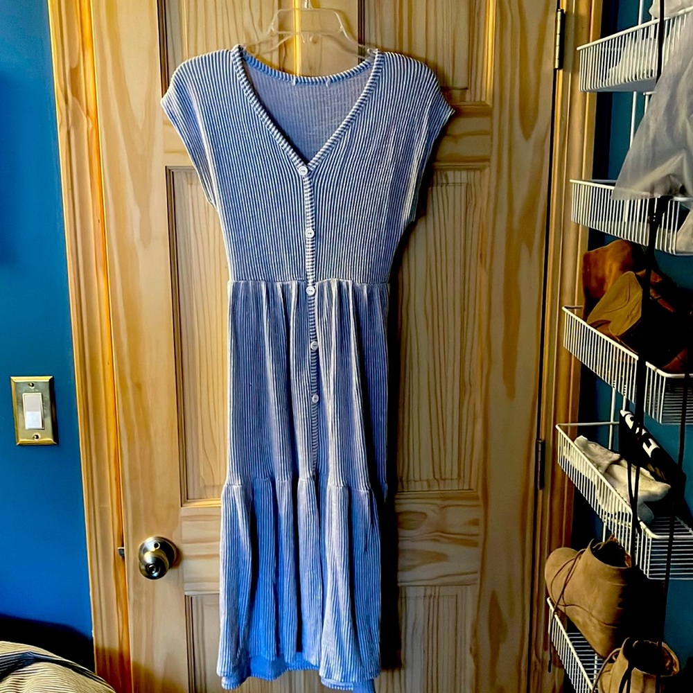 Blue and white ‘seersucker’ dress, knit cotton blend